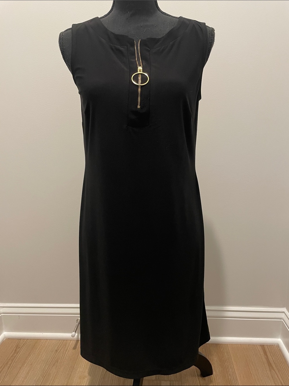 MSK Black Sleeveless Shift Dress with Gold Ring Zip